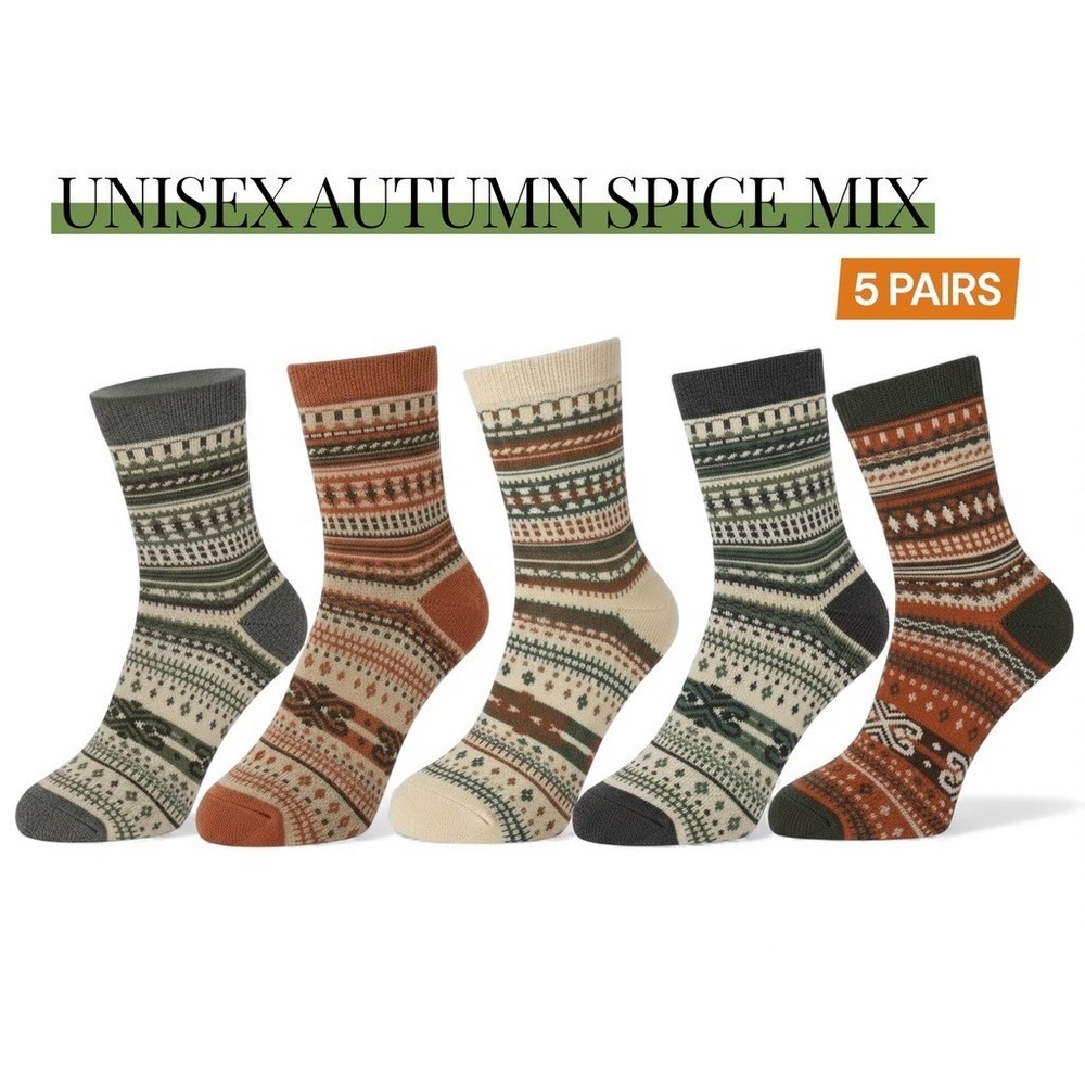 Autumn Spice Retro Mid-Calf Socks 7-10 NEW 5pc Pack Unisex Anti-Slip Elastic